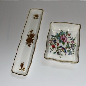 Set of 2 vintage porcelain square shaped trinket trays. Mint/Olive tray